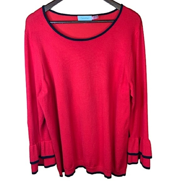 Calvin Klein Red Sweater Size 1X Round Neck Long Bell Sleeves Black Trim - Picture 3 of 8
